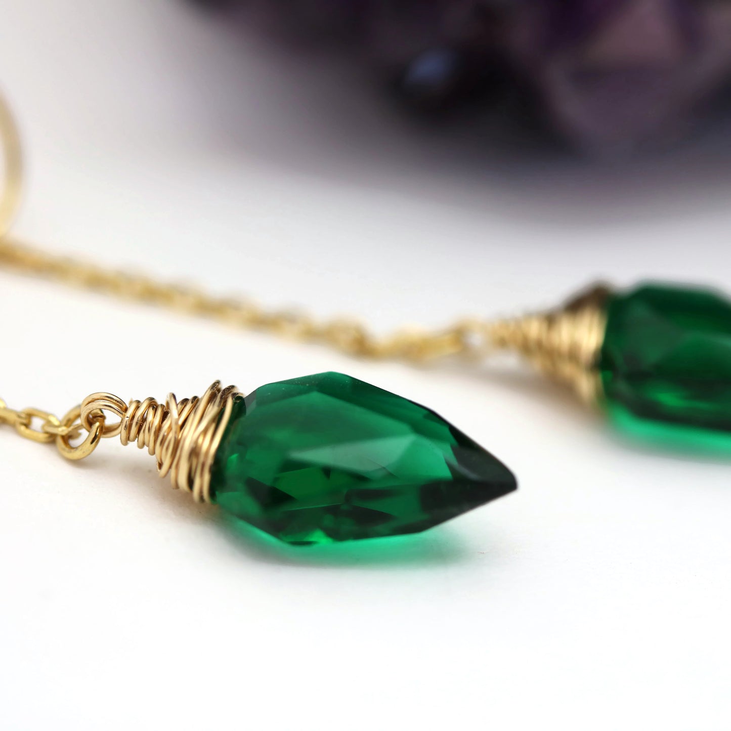 Green Quartz Earrings Gold Circle Post Chain - Sienna Grace Jewelry