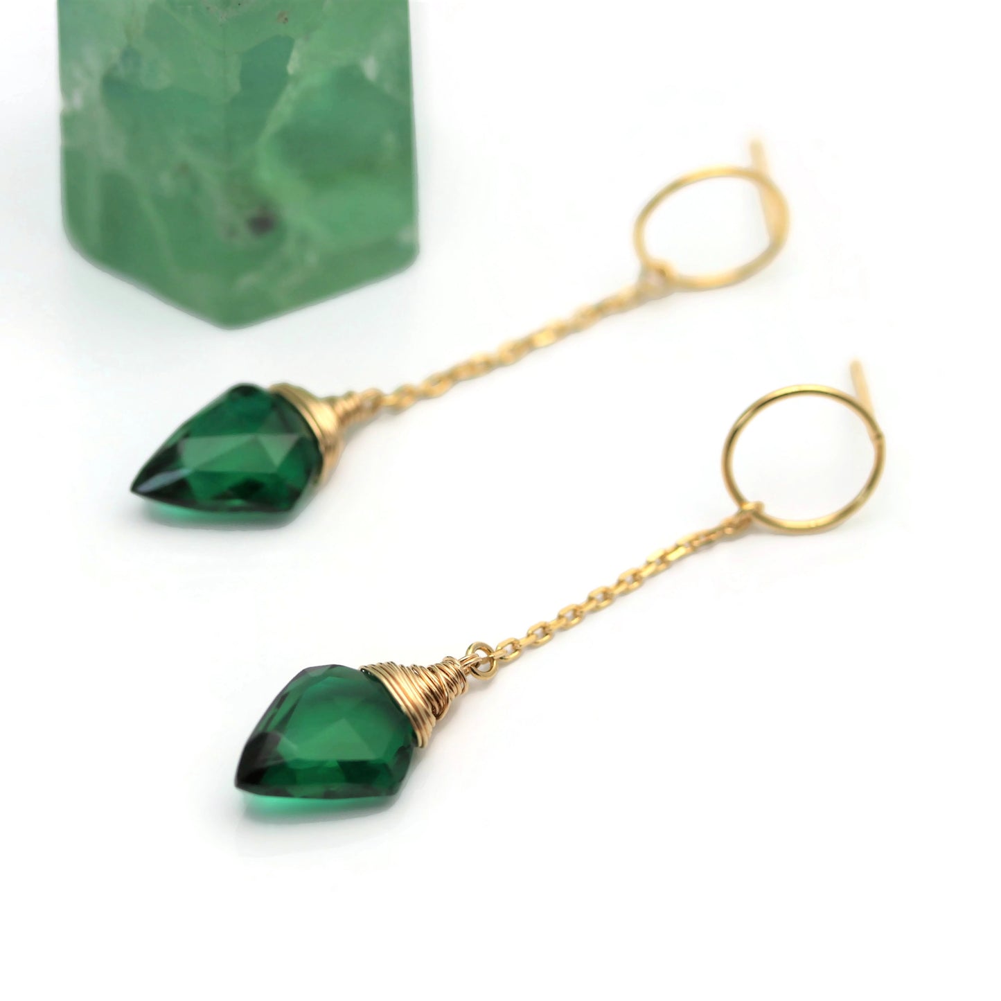 Green Quartz Earrings Gold Circle Post Chain - Sienna Grace Jewelry