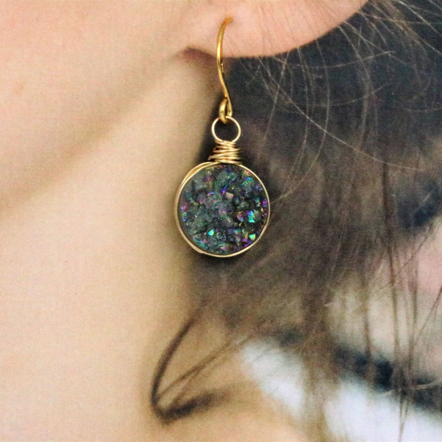 Rainbow Druzy Quartz Wire Wrapped Gold Filled Dangle Earrings - Sienna Grace Jewelry