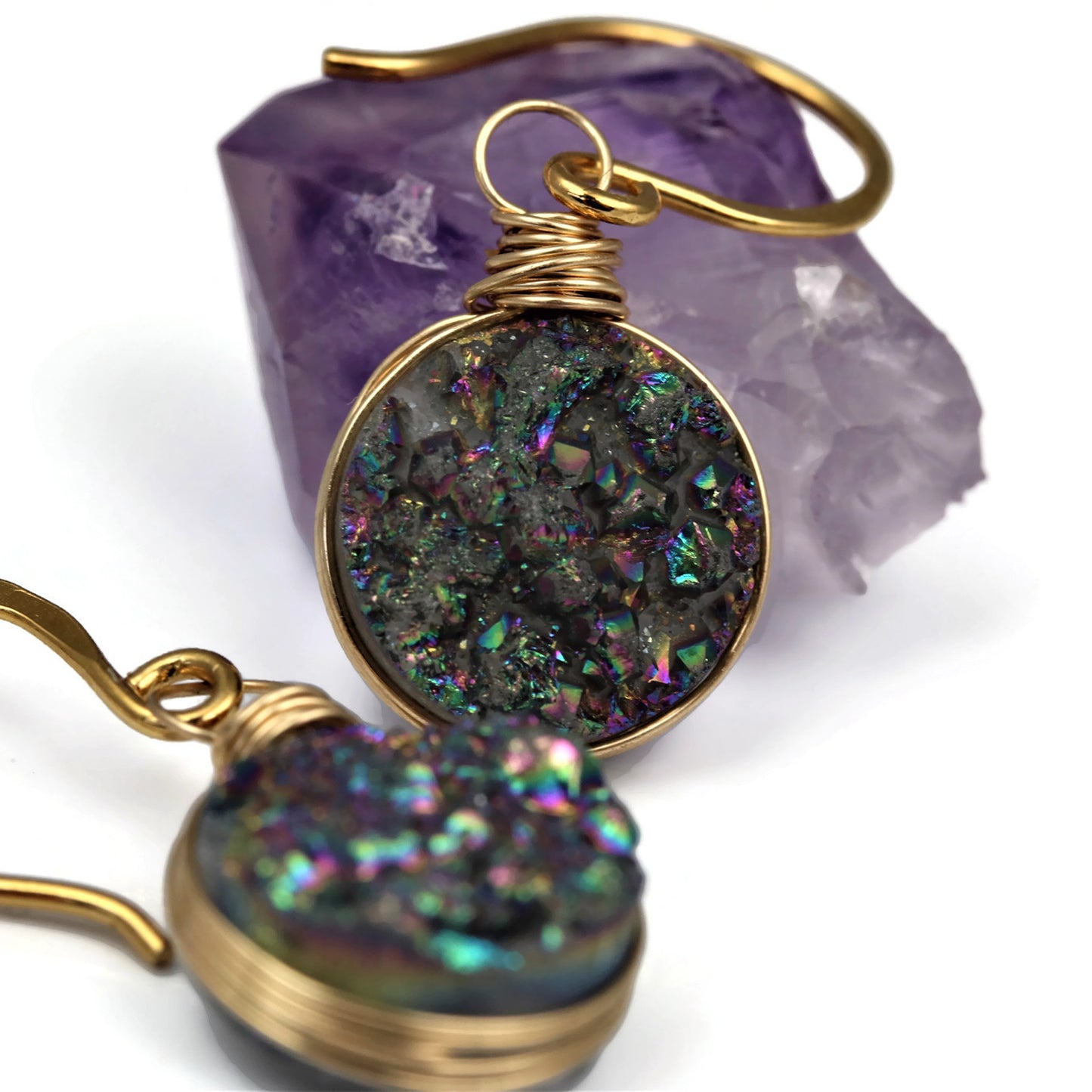 Rainbow Druzy Quartz Wire Wrapped Gold Filled Dangle Earrings - Sienna Grace Jewelry