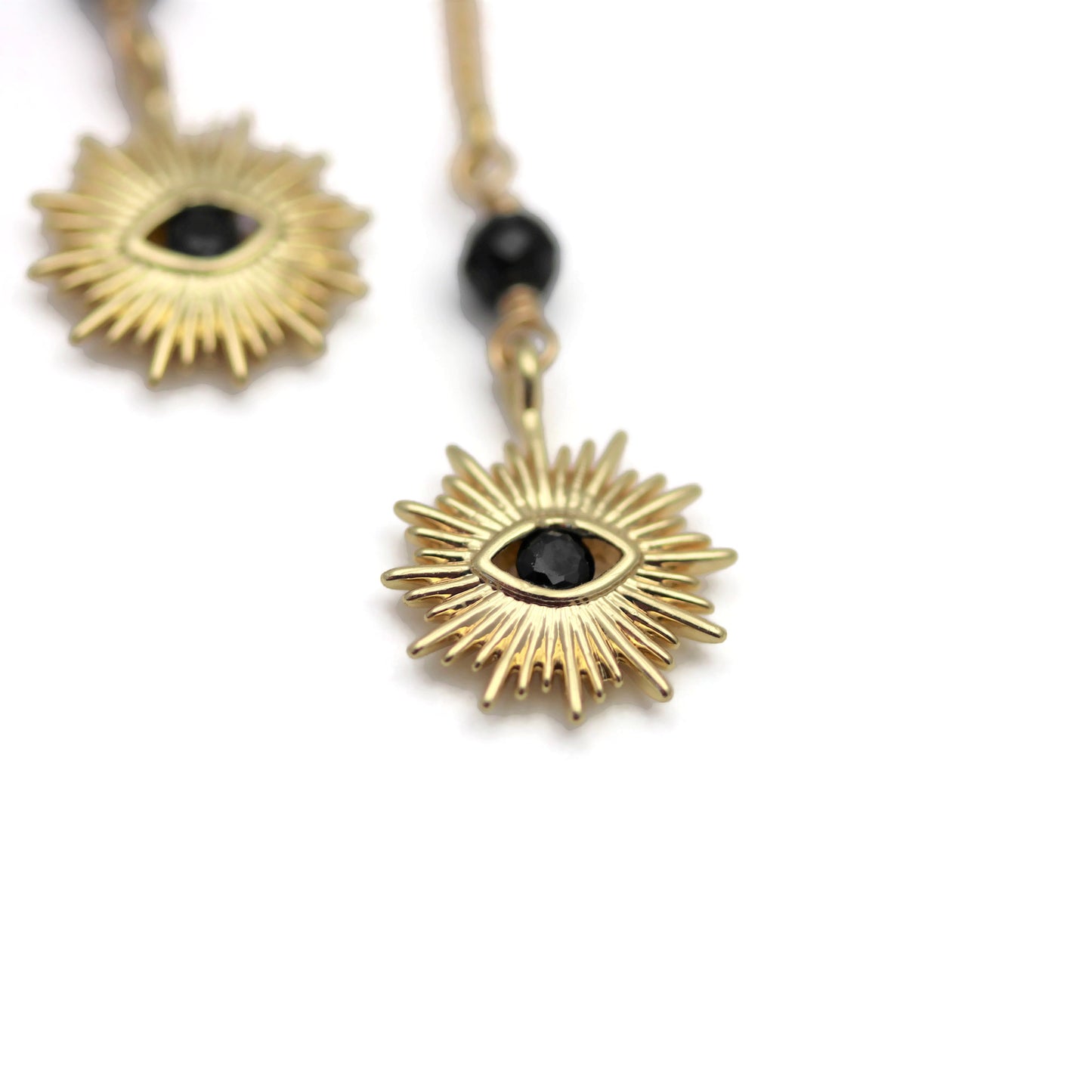 Evil Eye Gold Threader Style Earrings with Black Spinel - Sienna Grace Jewelry