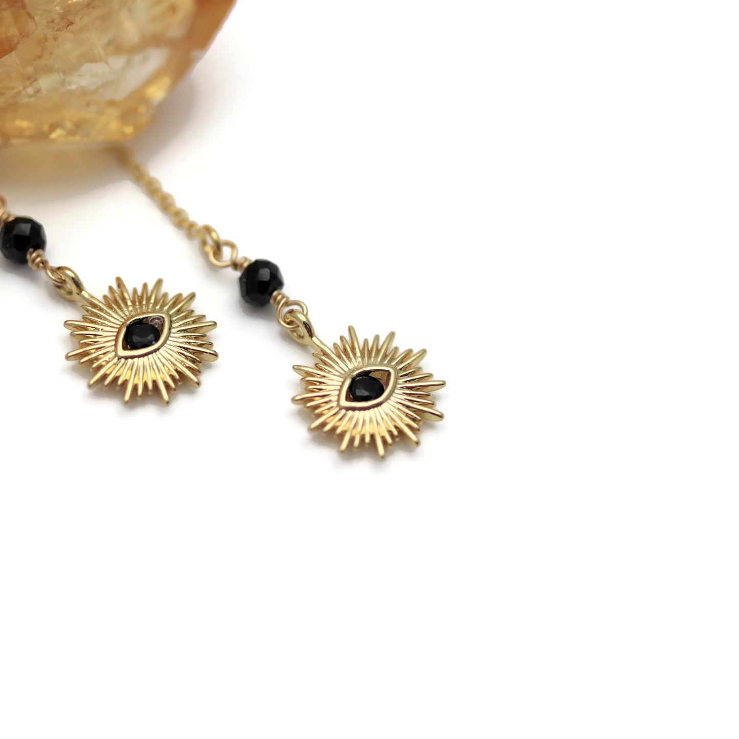 Evil Eye Gold Threader Style Earrings with Black Spinel - Sienna Grace Jewelry