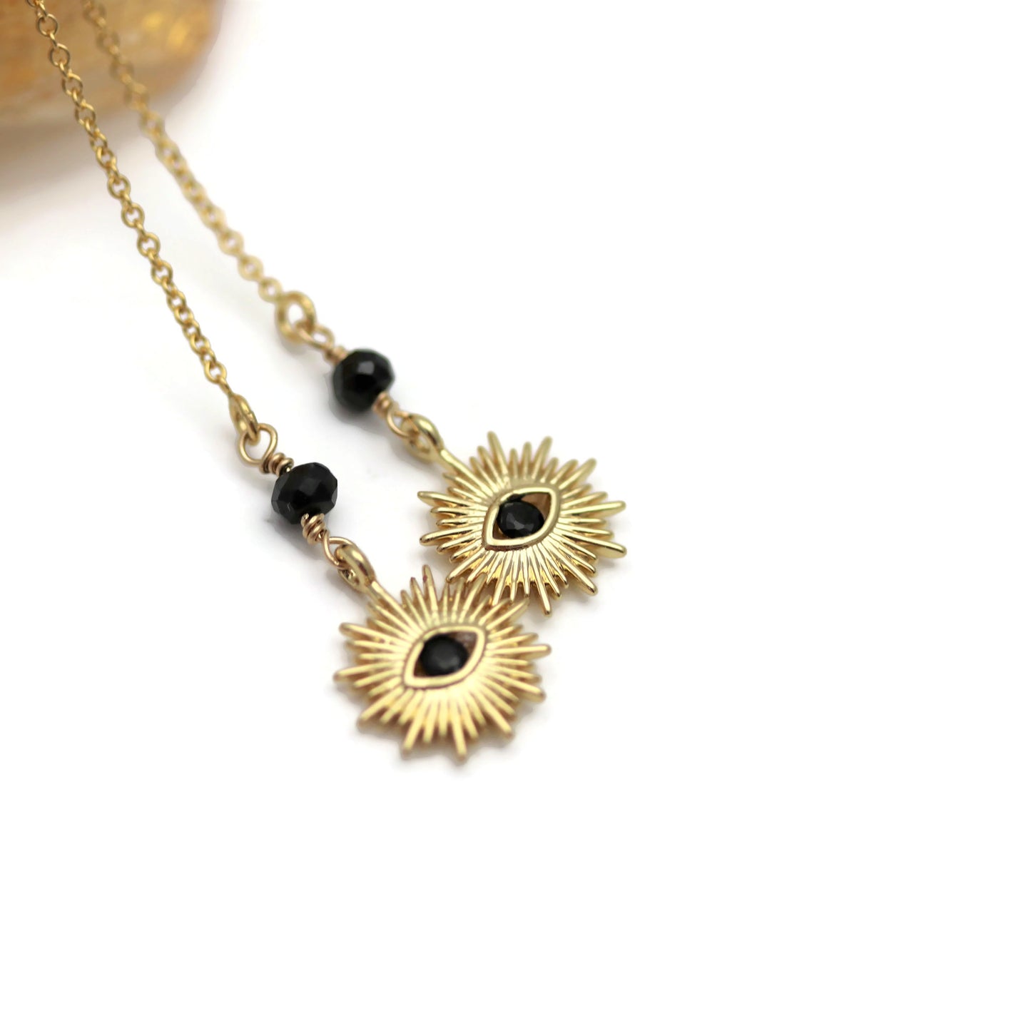 Evil Eye Gold Threader Style Earrings with Black Spinel - Sienna Grace Jewelry