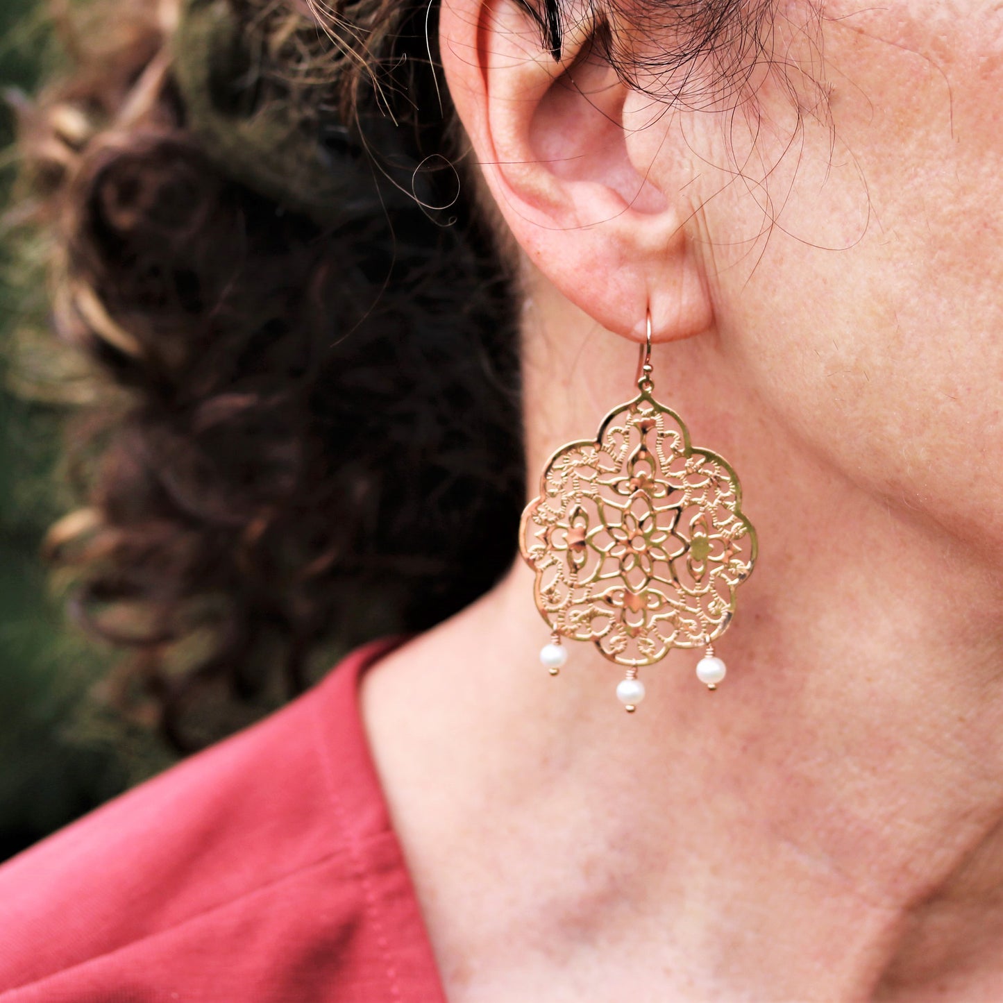 Rose Gold Filigree Earrings With Freshwater Pearl Dangles - Sienna Grace Jewelry