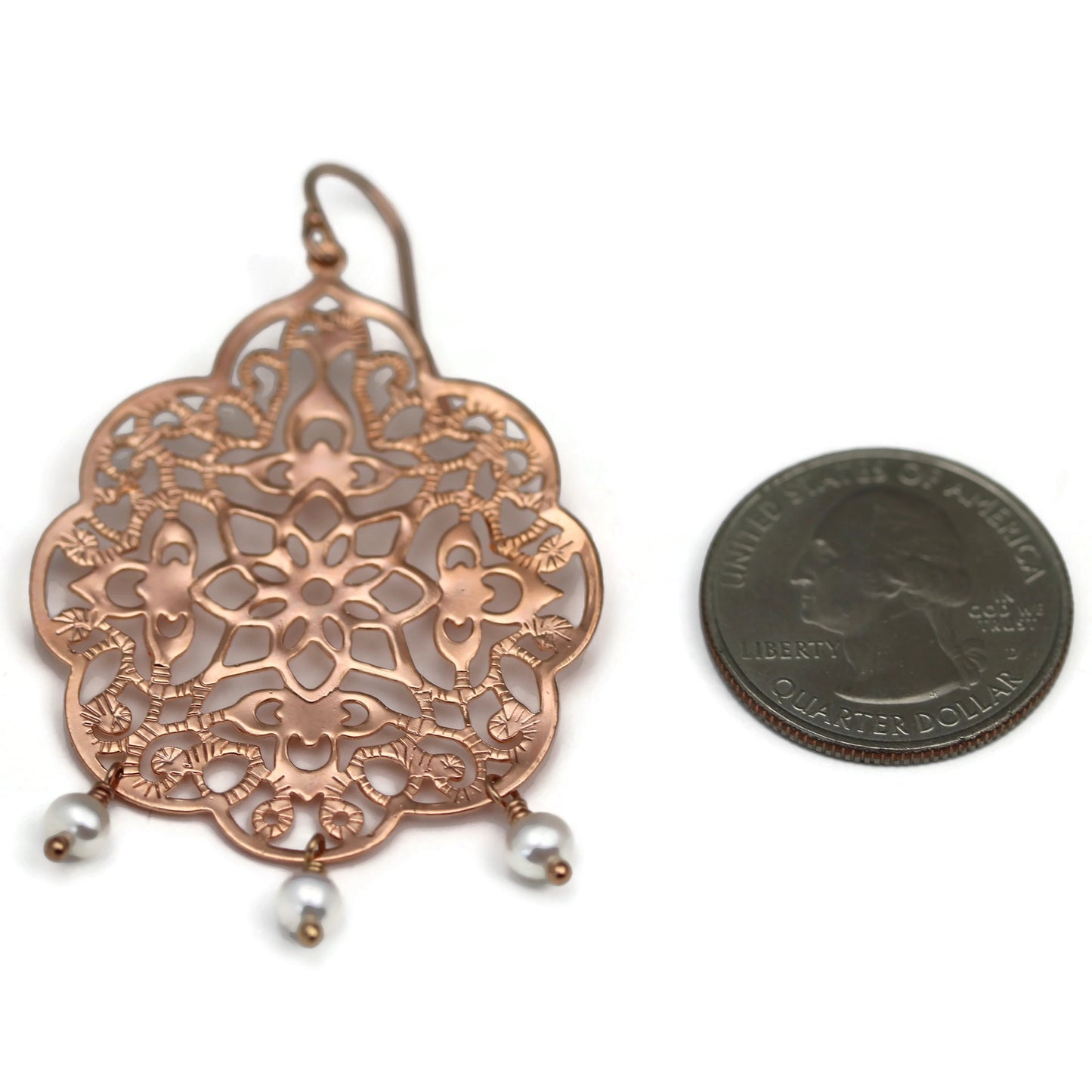 Rose Gold Filigree Earrings With Freshwater Pearl Dangles - Sienna Grace Jewelry