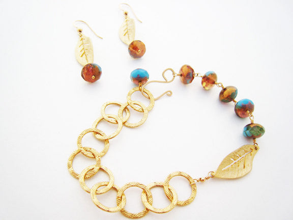 Czech Glass Earrings and Bracelet Set Golden Leaves - Sienna Grace Jewelry | Pretty Little Handcrafted Sparkles