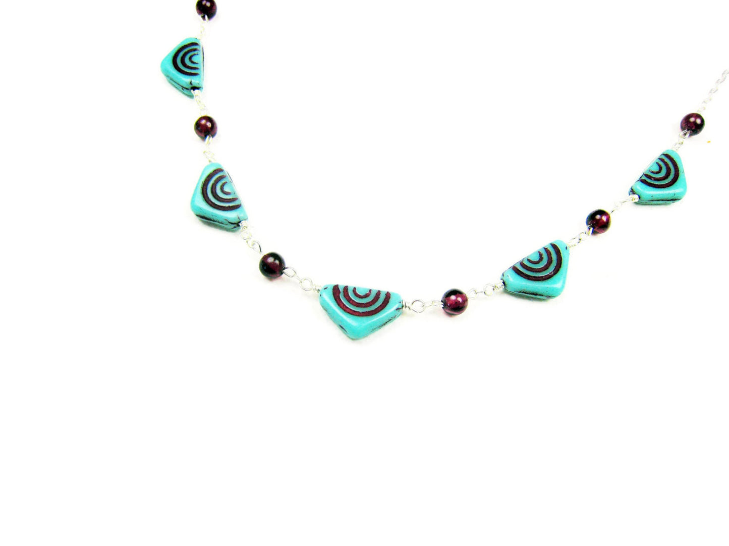 Czech Glass Necklace Turquoise Triangles with Red Garnets - Sienna Grace Jewelry | Pretty Little Handcrafted Sparkles