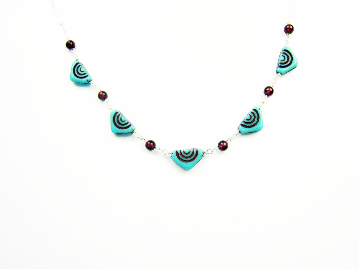 Czech Glass Necklace Turquoise Triangles with Red Garnets - Sienna Grace Jewelry | Pretty Little Handcrafted Sparkles