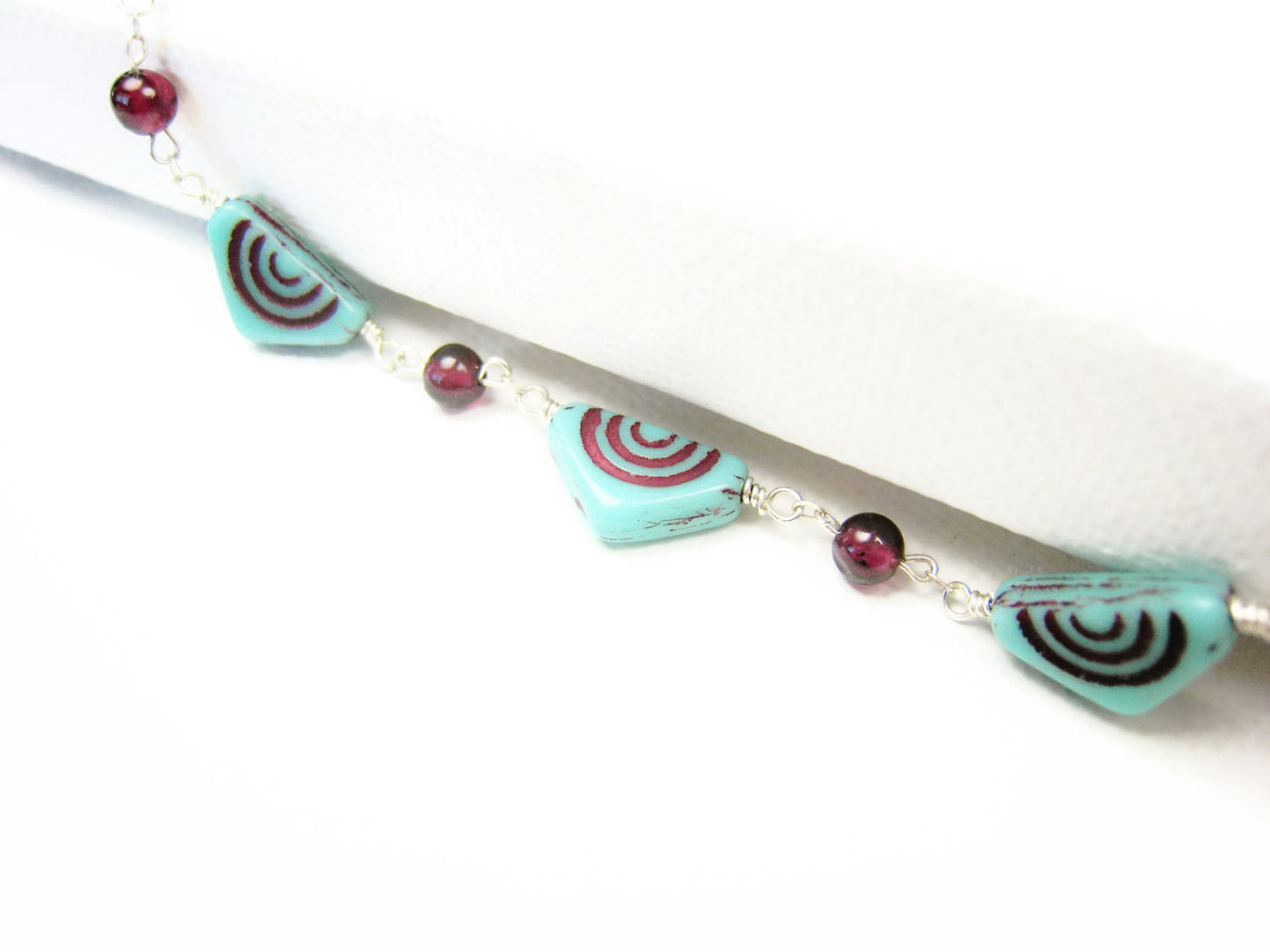 Czech Glass Necklace Turquoise Triangles with Red Garnets - Sienna Grace Jewelry | Pretty Little Handcrafted Sparkles