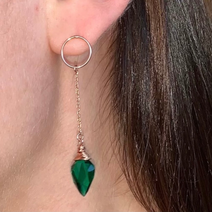 Green Quartz Earrings Gold Circle Post Chain