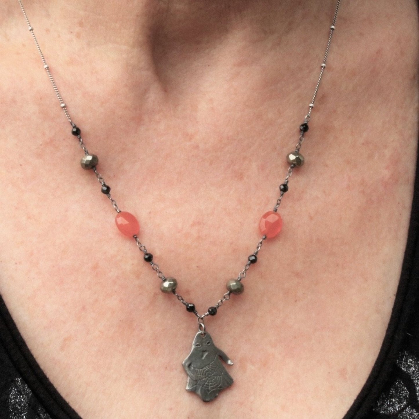 Halloween Pewter Ghost Necklace Gemstone Chain - Sienna Grace Jewelry