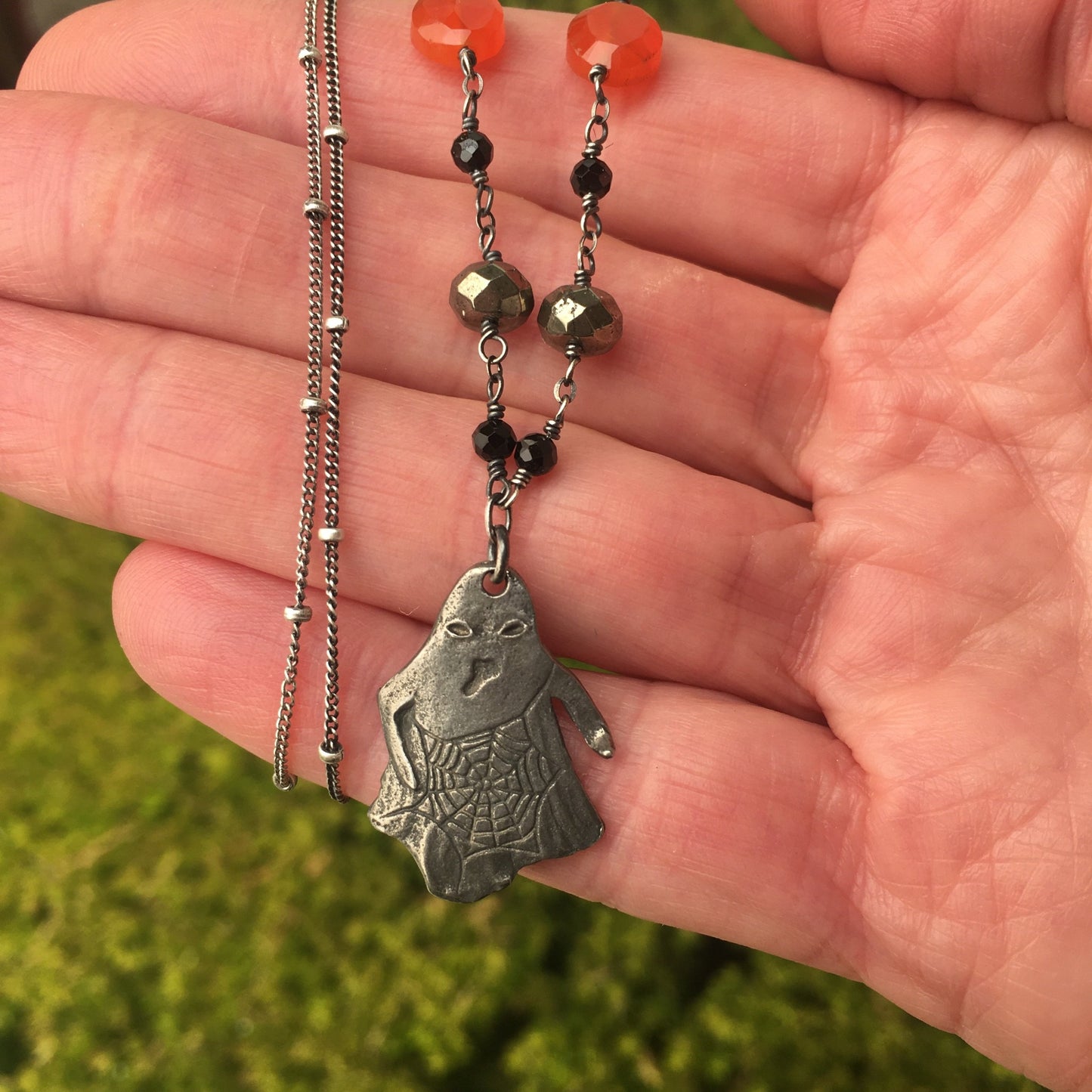 Halloween Pewter Ghost Necklace Gemstone Chain - Sienna Grace Jewelry