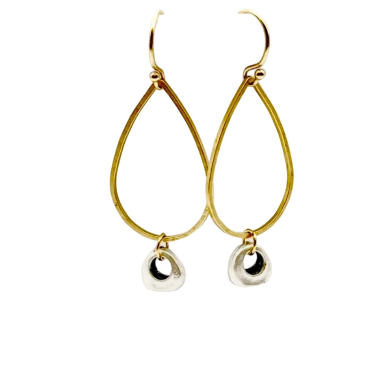 Gold hoop earrings with small dangling charms on a white background