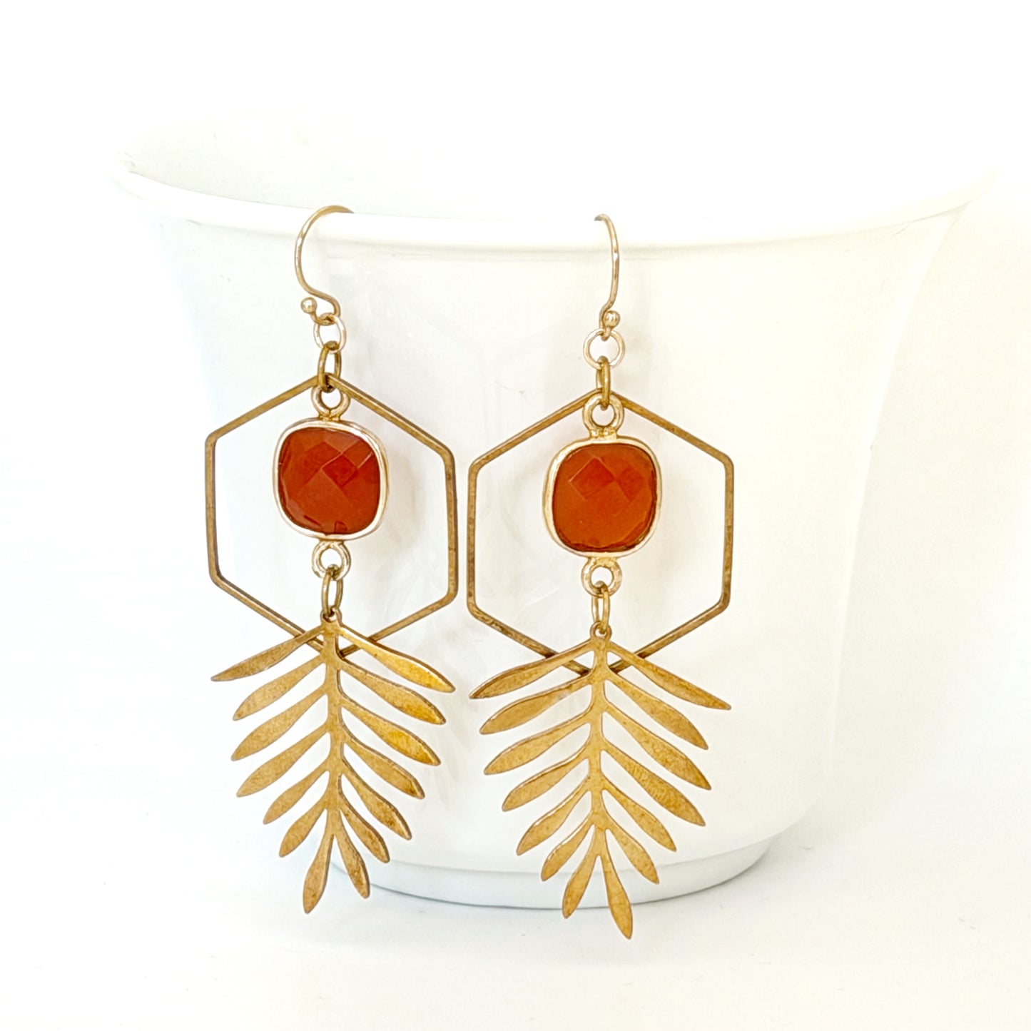 Brass Hexagon Leaf Earrings with Carnelian