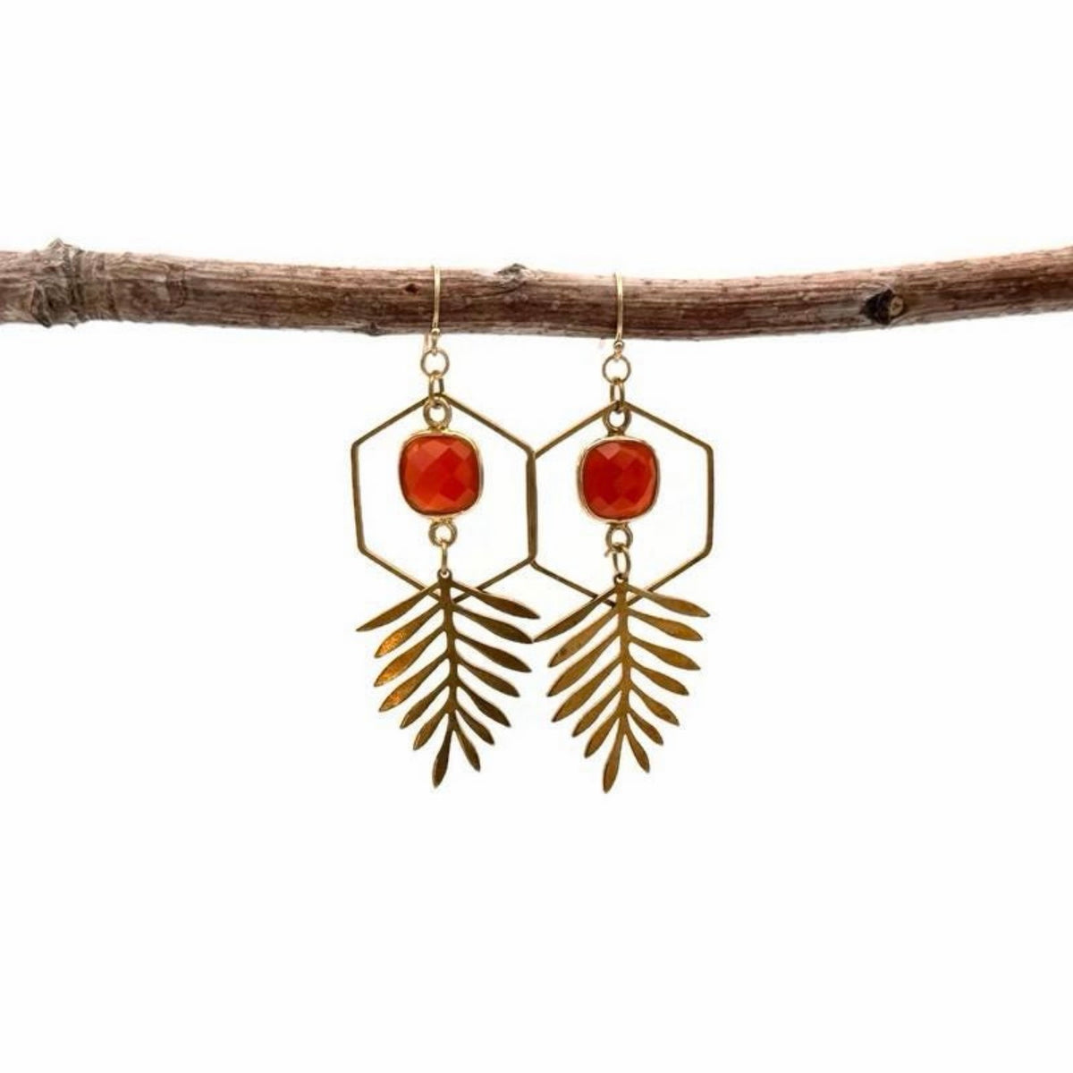 Brass Hexagon Leaf Earrings with Carnelian