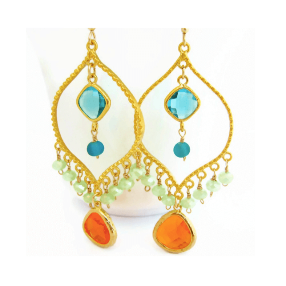 Gold, turquoise, mint, and orange, and  green gemstone Sienna Grace Jewelry Bollywood chandelier earrings