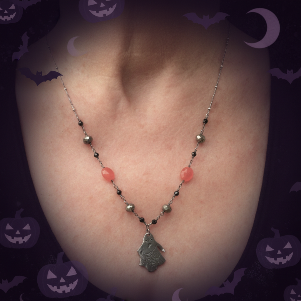 Halloween Pewter Ghost Necklace Gemstone Chain