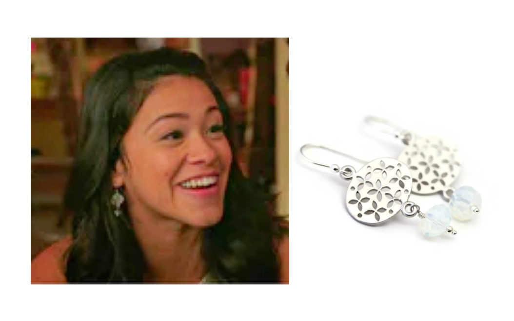 Actress Gina Rodriguez on TV show Jane the Virgin wearing Sienna Grace Jewelry's Opalite Dangle Earrings