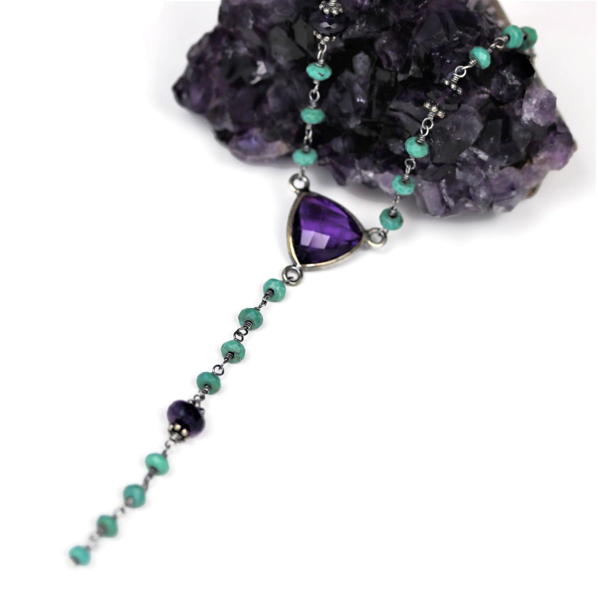 Amethyst and Turquoise Sterling Silver Y Necklace Layering Jewelry - Sienna Grace Jewelry