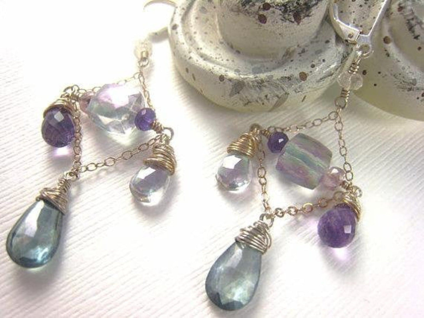 Mystic quartz teardrops, approx. 10mm in size, dangle below the center 7mm mystic quartz faceted cube. I've also used rainbow quartz, amethyst, and pink amethyst rondelles. The stones are lovely shades of deep forest and blue green, shimmery shades of lavender, green, and blue, violet, and pink.