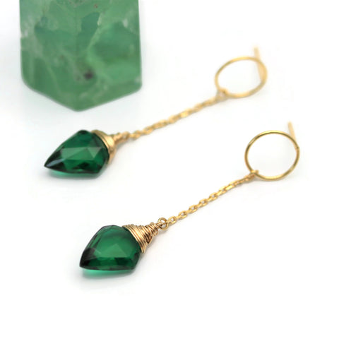 Green Quartz Earrings Gold Circle Post Chain  - Sienna Grace Jewelry