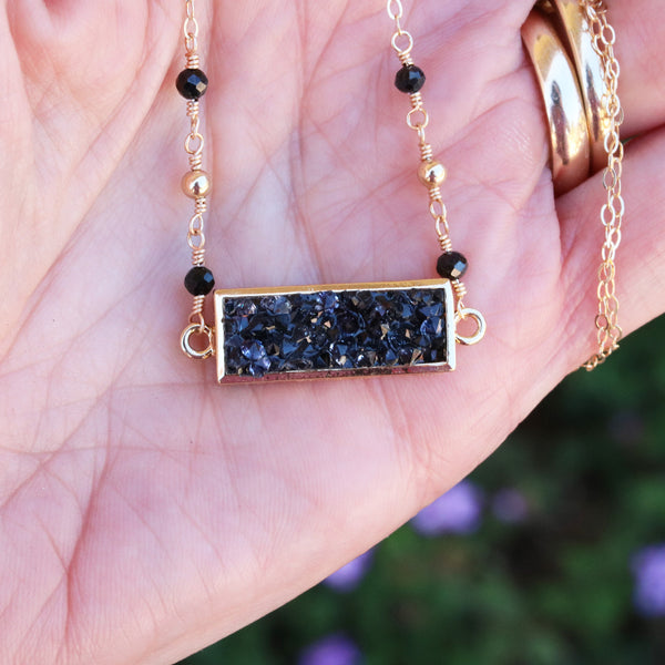 Black Zircon Quartz Bar Necklace Minimalist Modern Style - Sienna Grace Jewelry | Pretty Little Handcrafted Sparkles