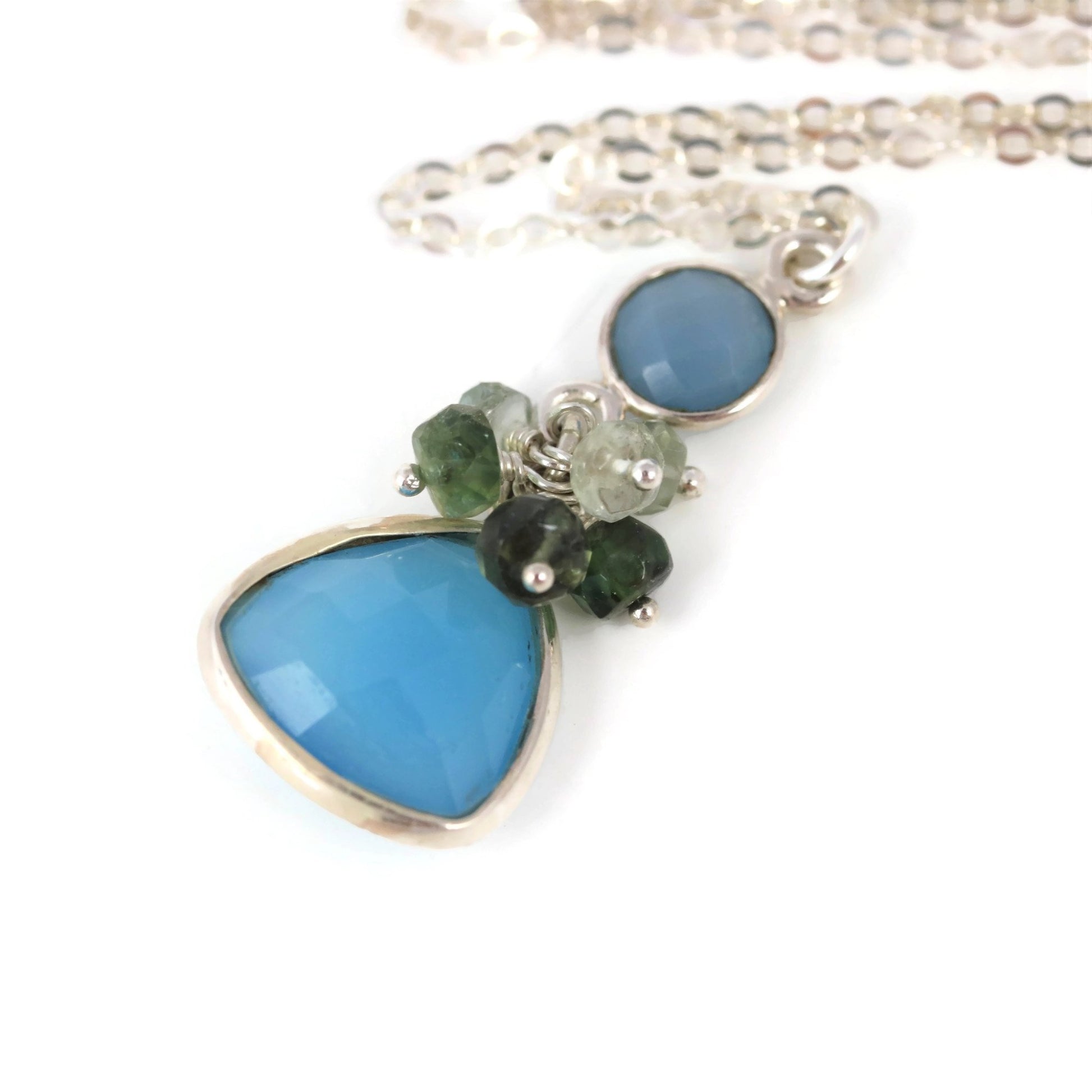 Blue Chalcedony with Tourmaline Sterling Silver Necklace - Sienna Grace Jewelry