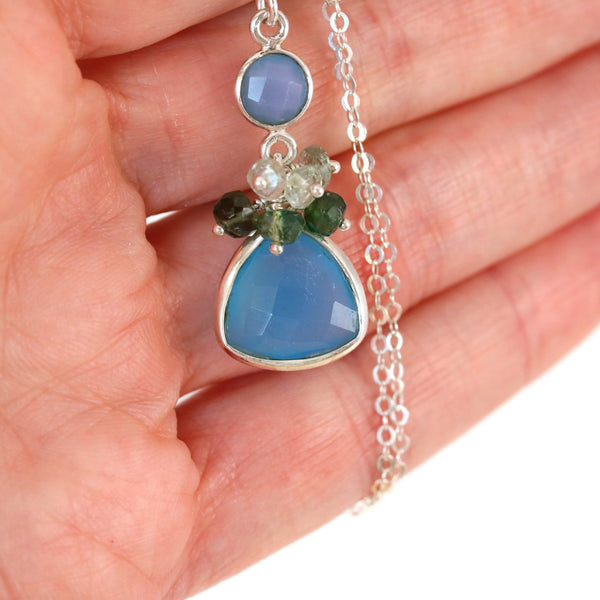 Blue Chalcedony with Tourmaline Sterling Silver Necklace - Sienna Grace Jewelry