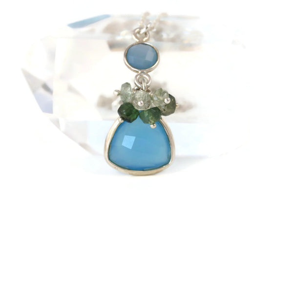 Blue Chalcedony with Tourmaline Sterling Silver Necklace - Sienna Grace Jewelry