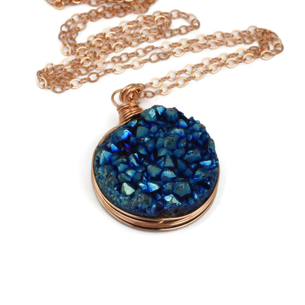 Blue Druzy Quartz Rose Gold Filled Necklace - Sienna Grace Jewelry