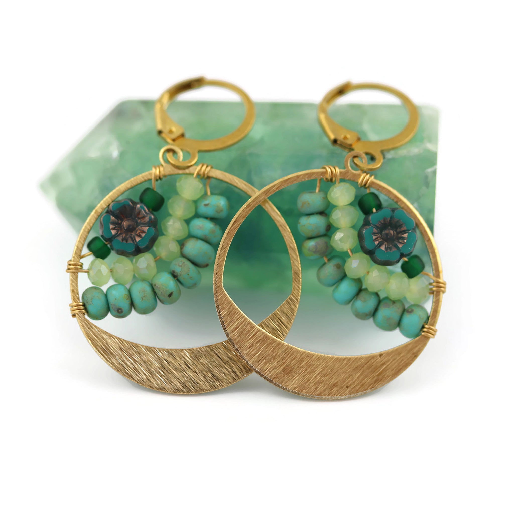 Golden Brass Little Bloom Earrings Turquoise Hues - Sienna Grace Jewelry