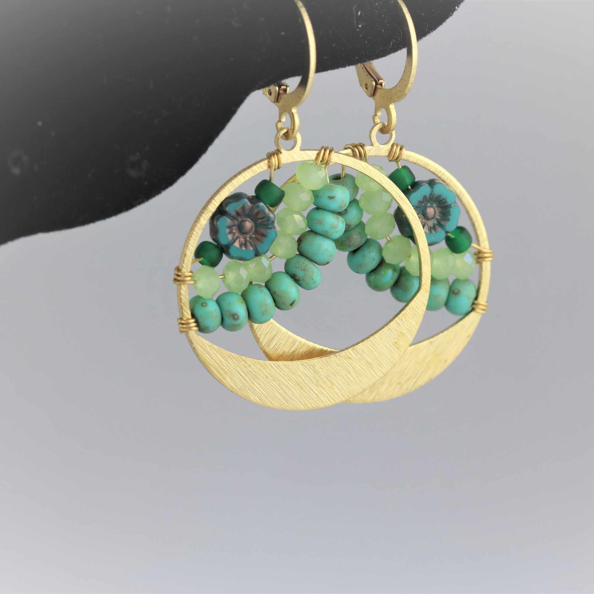 Golden Brass Little Bloom Earrings Turquoise Hues - Sienna Grace Jewelry