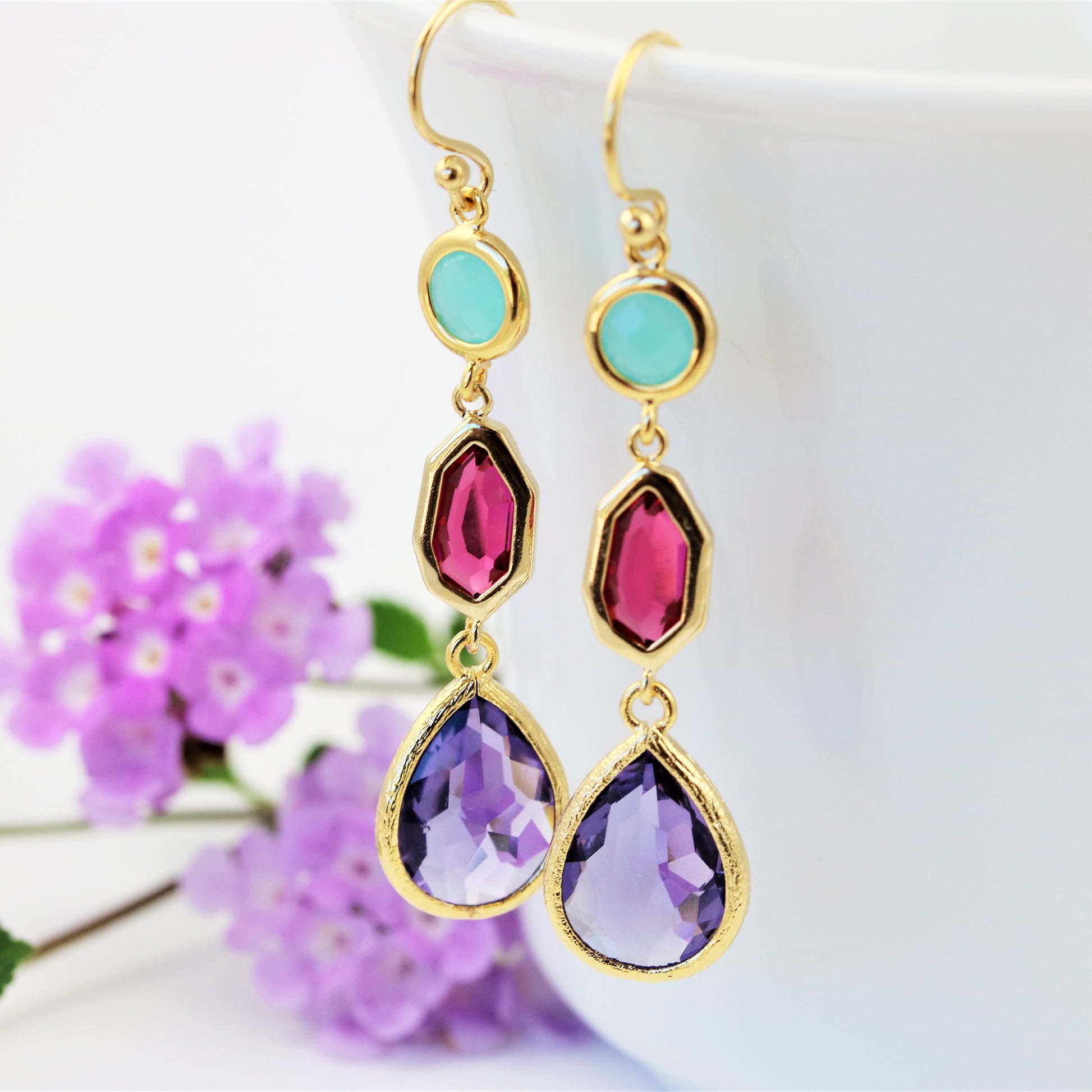 Gold Faceted Glass Statement Earrings Mint Red Purple - Sienna Grace Jewelry | Pretty Little Handcrafted Sparkles