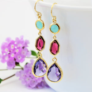 Gold Faceted Glass Statement Earrings Mint Red Purple - Sienna Grace Jewelry | Pretty Little Handcrafted Sparkles