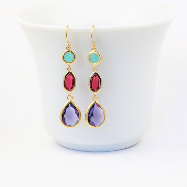 Gold Faceted Glass Statement Earrings Mint Red Purple - Sienna Grace Jewelry | Pretty Little Handcrafted Sparkles