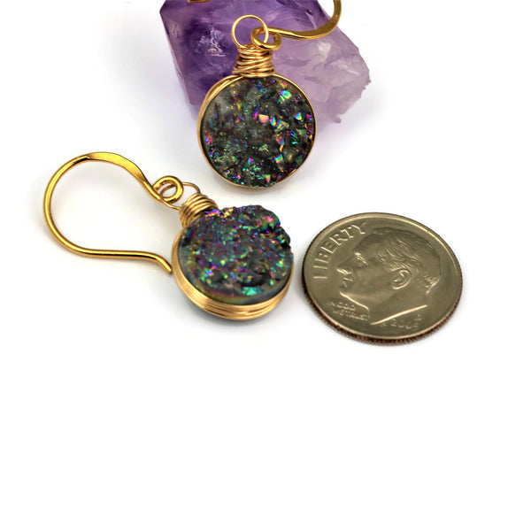 Rainbow Druzy Quartz Wire Wrapped Gold Filled Dangle Earrings - Sienna Grace Jewelry