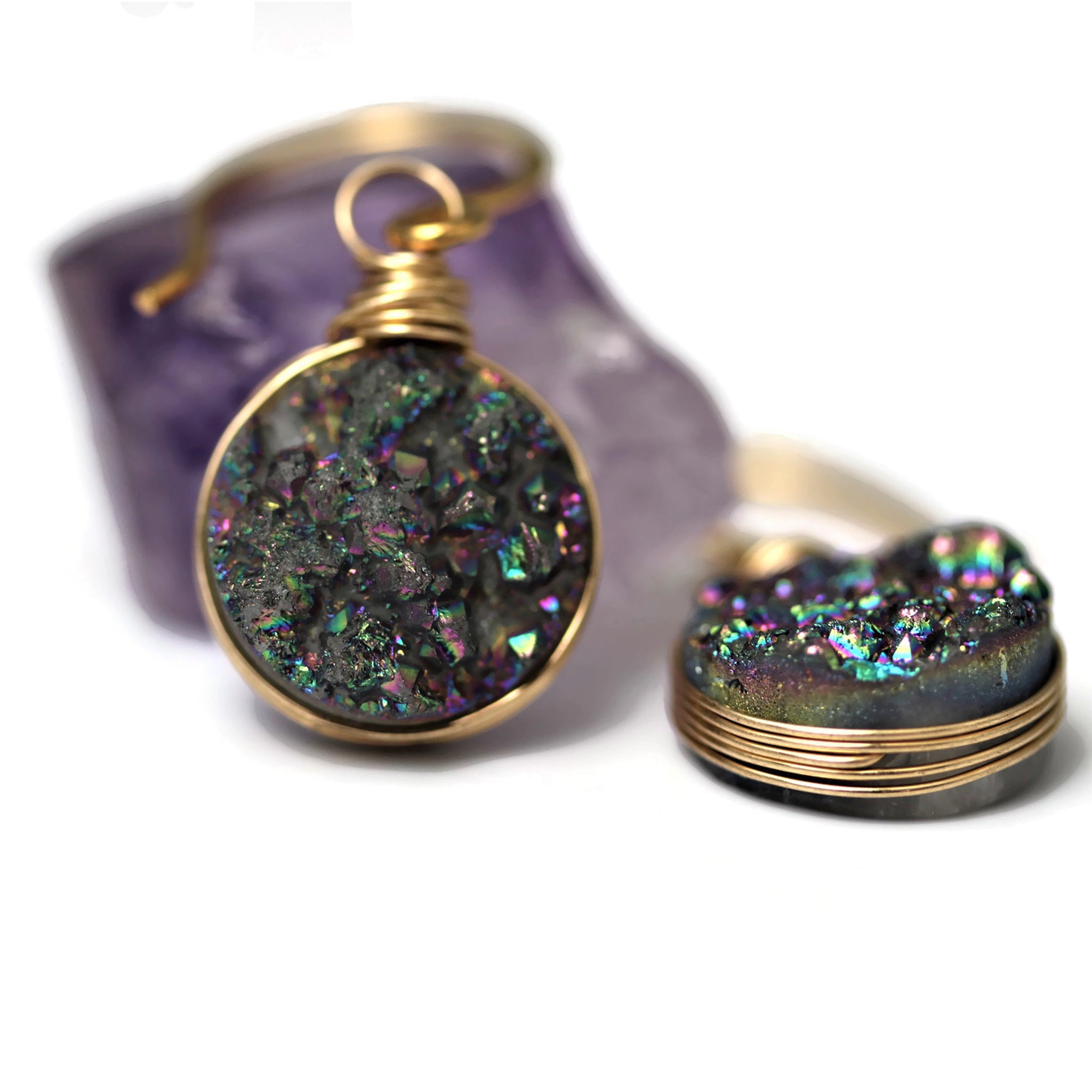 Rainbow Druzy Quartz Wire Wrapped Gold Filled Dangle Earrings - Sienna Grace Jewelry