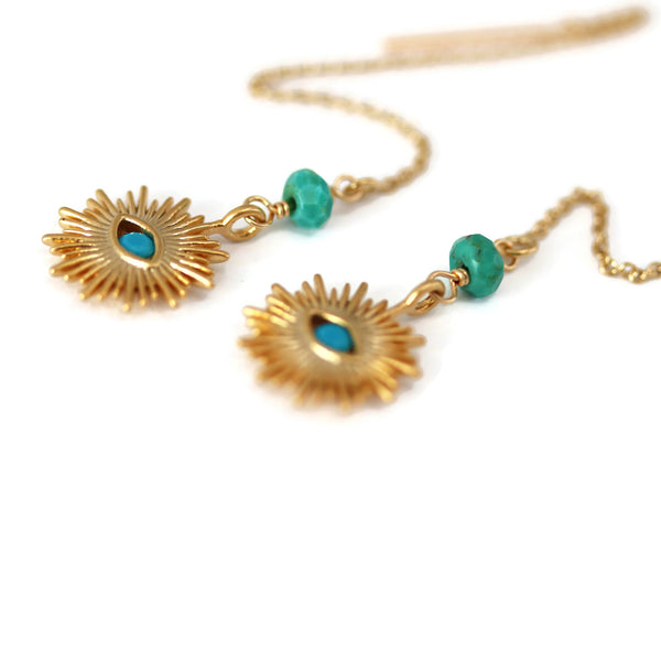 Gold Evil Eye Threader Style Earrings with Turquoise - Sienna Grace Jewelry