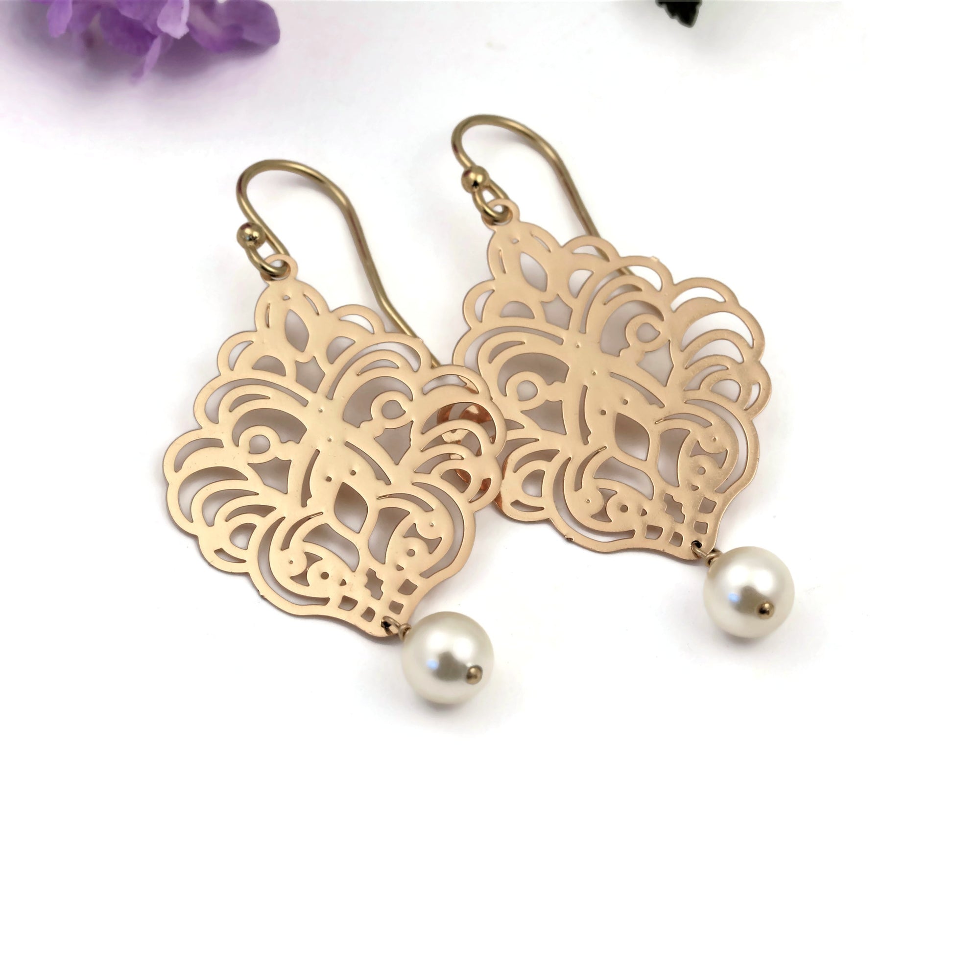 Gold Filigree Earrings with Pearl Dangle - Sienna Grace Jewelry