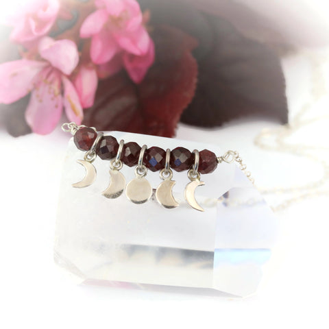 Red Garnet Moon Phases Necklace Sterling Silver