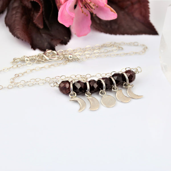 Red Garnet Moon Phases Necklace Sterling Silver - Sienna Grace Jewelry