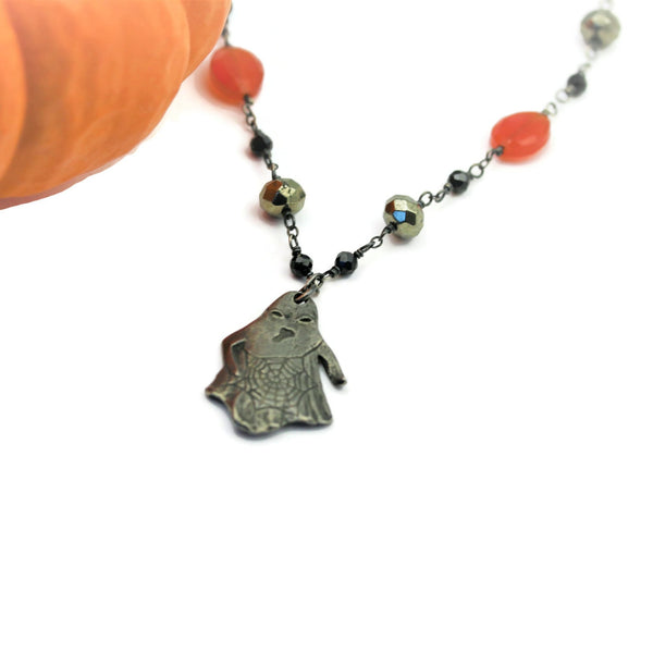 Halloween Pewter Ghost Necklace Gemstone Chain  - Sienna Grace Jewelry