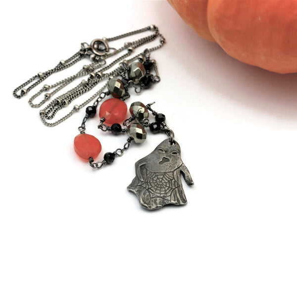 Halloween Pewter Ghost Necklace Gemstone Chain  - Sienna Grace Jewelry