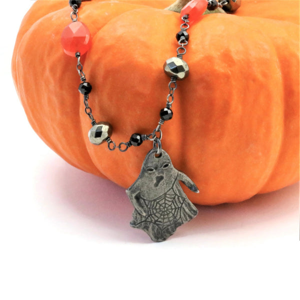Halloween Pewter Ghost Necklace Gemstone Chain - Sienna Grace Jewelry