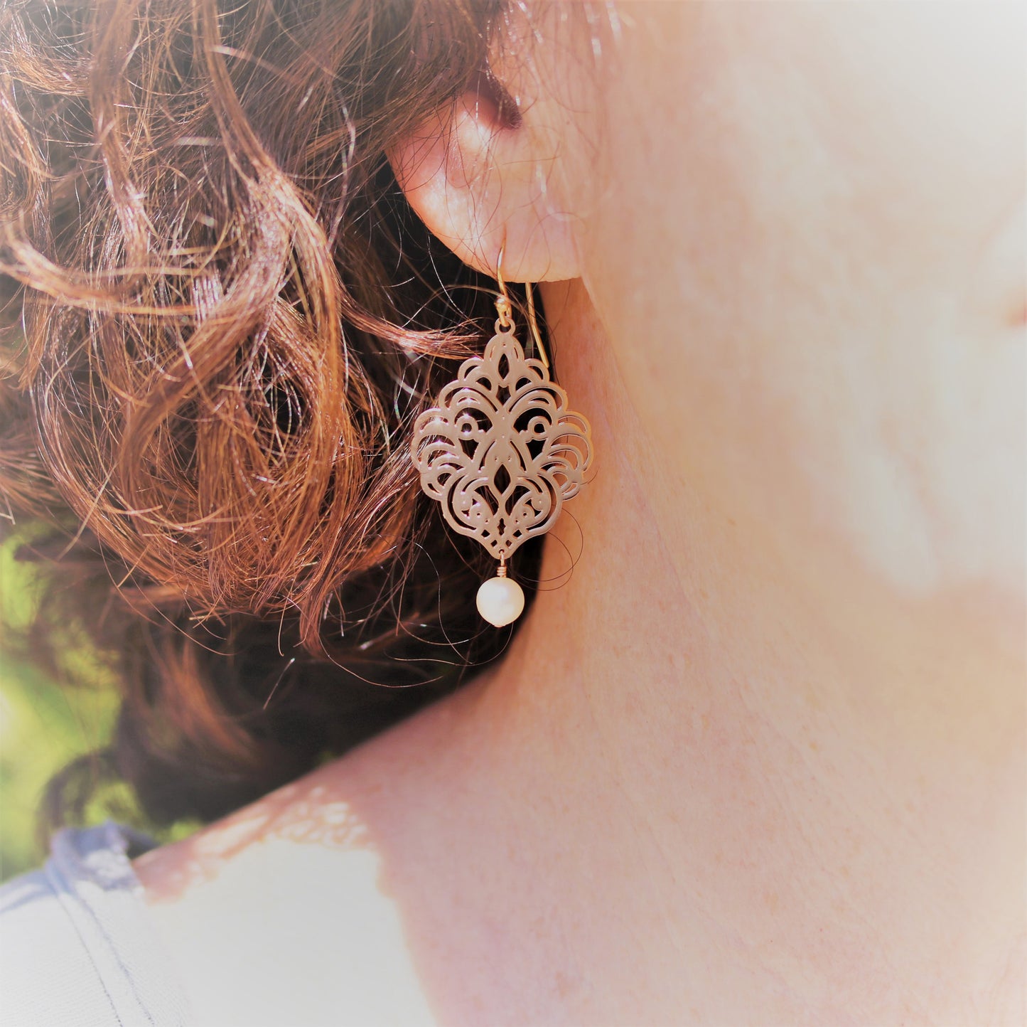 Gold Filigree Earrings with Pearl Dangle - Sienna Grace Jewelry