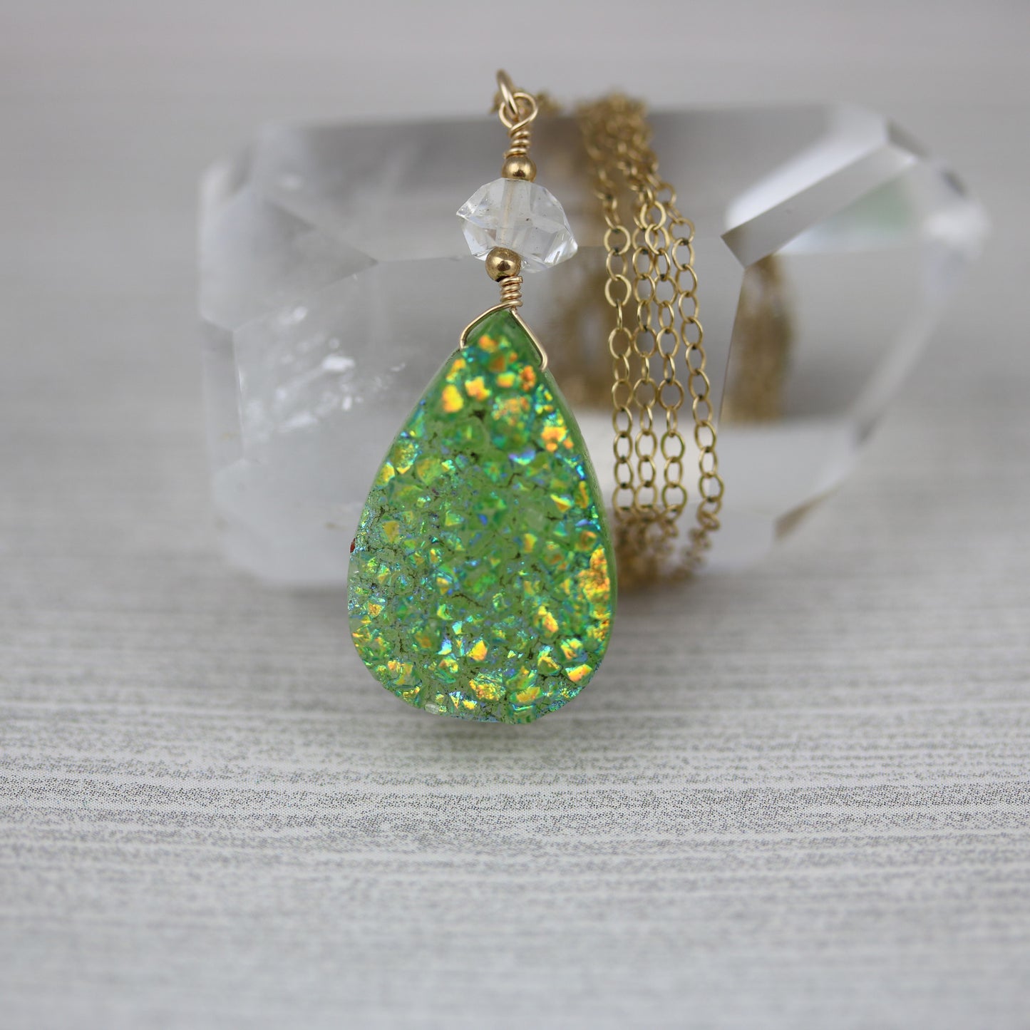 Green Druzy Quartz and Herkimer Diamond Necklace - Sienna Grace Jewelry | Pretty Little Handcrafted Sparkles