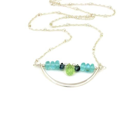 Sterling Silver Crescent Necklace Peridot, Apatite, and Sapphires - Sienna Grace Jewelry | Pretty Little Handcrafted Sparkles