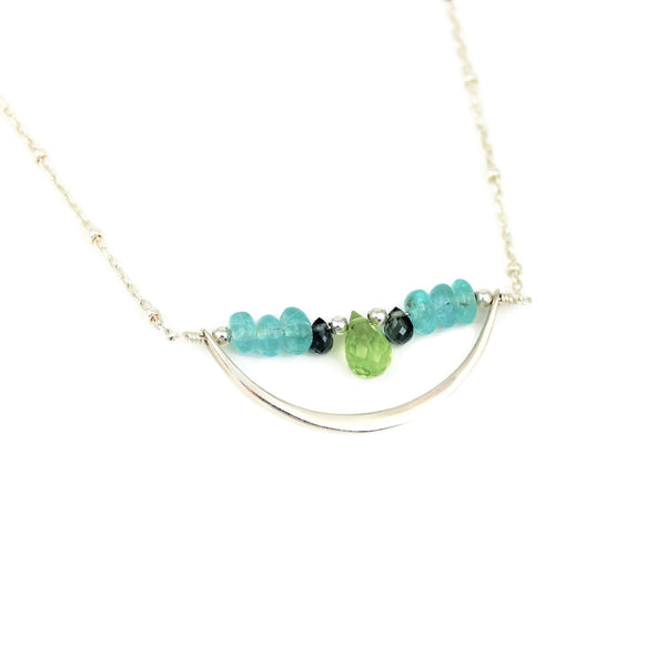 Sterling Silver Crescent Necklace Peridot, Apatite, and Sapphires - Sienna Grace Jewelry | Pretty Little Handcrafted Sparkles