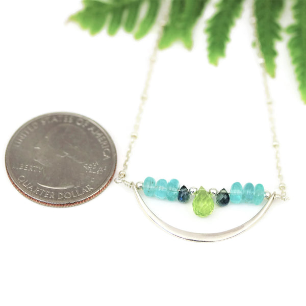 Sterling Silver Crescent Necklace Peridot, Apatite, and Sapphires - Sienna Grace Jewelry | Pretty Little Handcrafted Sparkles
