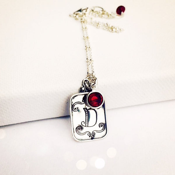 Hand Stamped Initial Necklace with Crystal Birthstone Pendant - Sienna Grace Jewelry | Pretty Little Handcrafted Sparkles